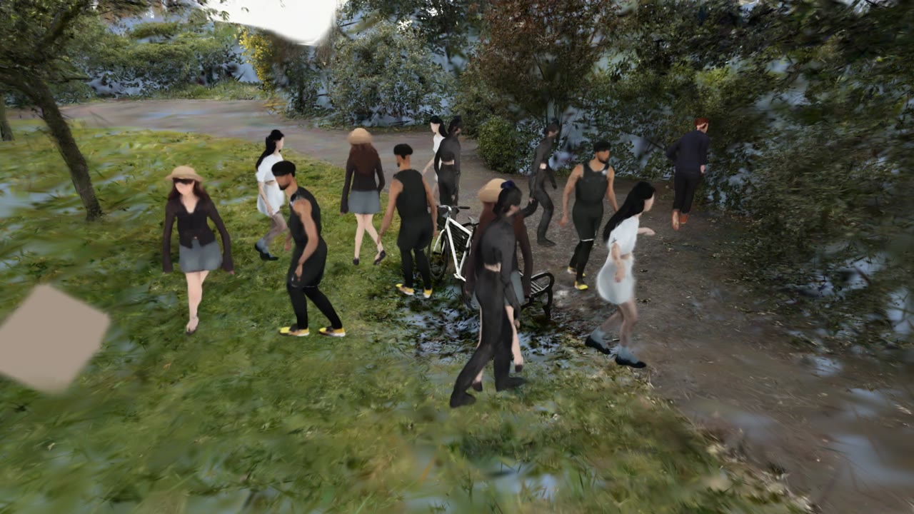 Thirteen characters walking around a bicycle and bench in a captured garden scene
